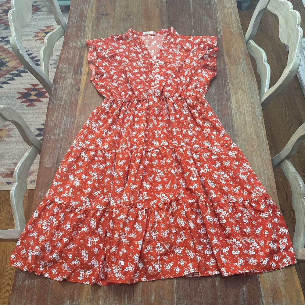 Keluummi Women's Orange White Floral V Neck Tiered Ruffle Dress US 18